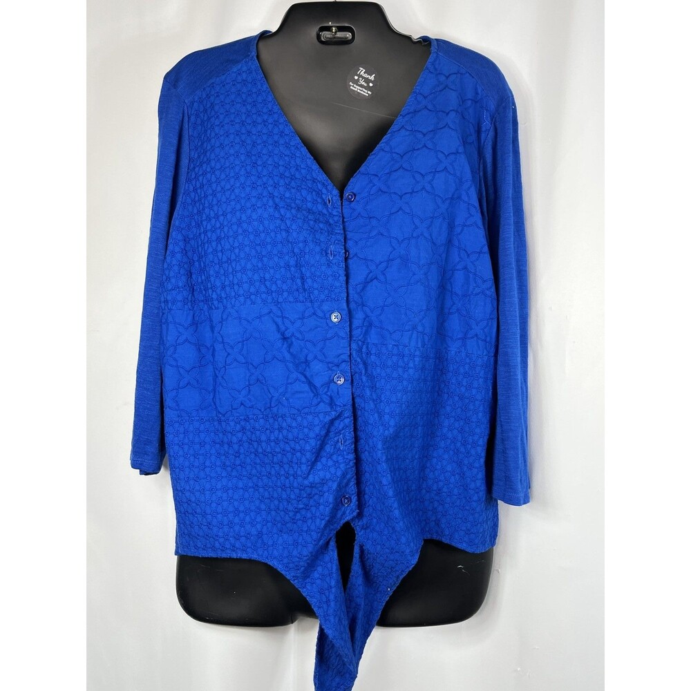 Chico's Blouse Womens 2 L Blue Floral Knit V Neck 3/4 Sleeve Tie Front Top
